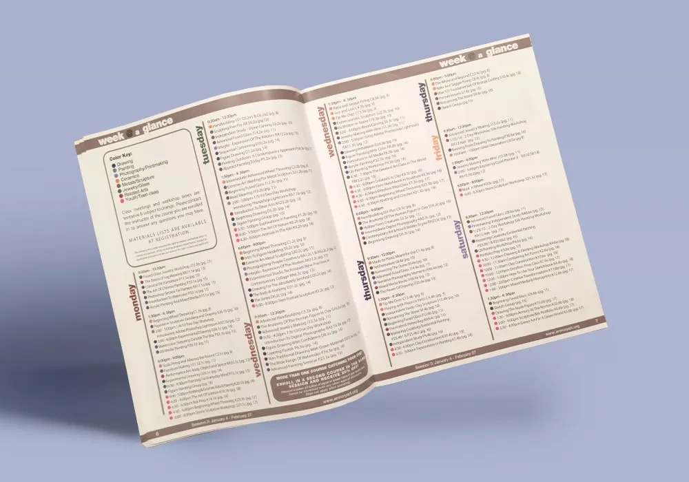 Layout design of seasonal class catalogue for the Armory Art Center.