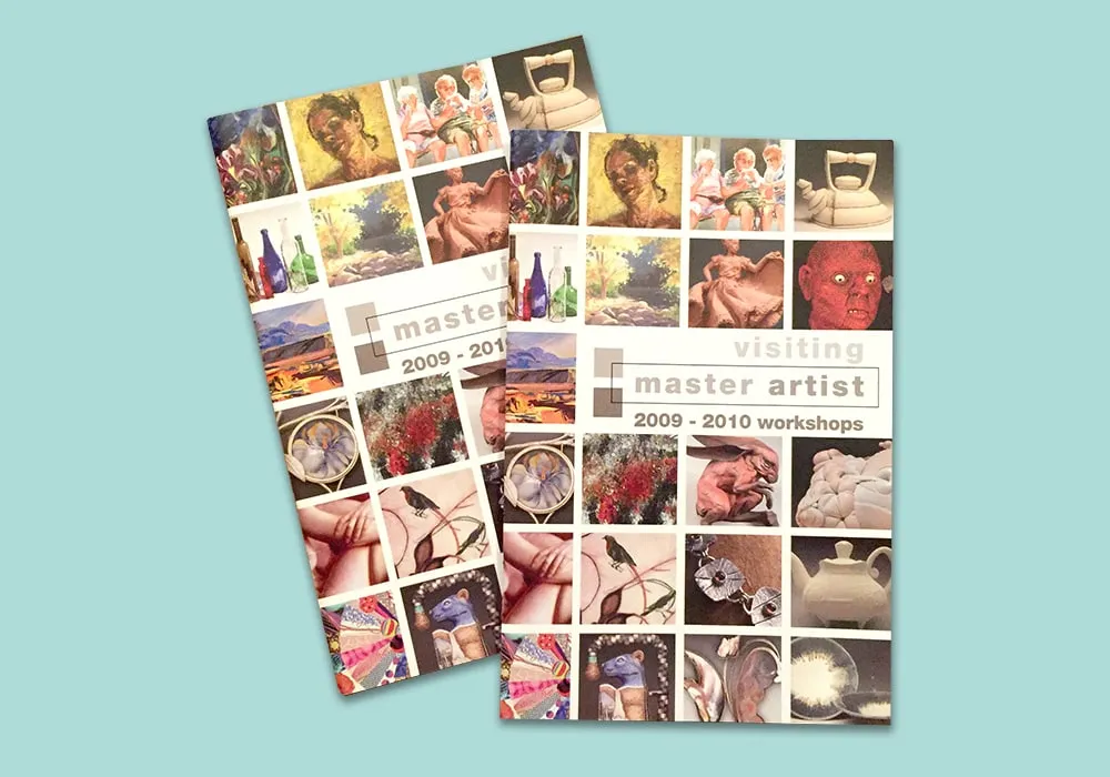 Layout design for the Armory Art Center's master artist workshop booklet.