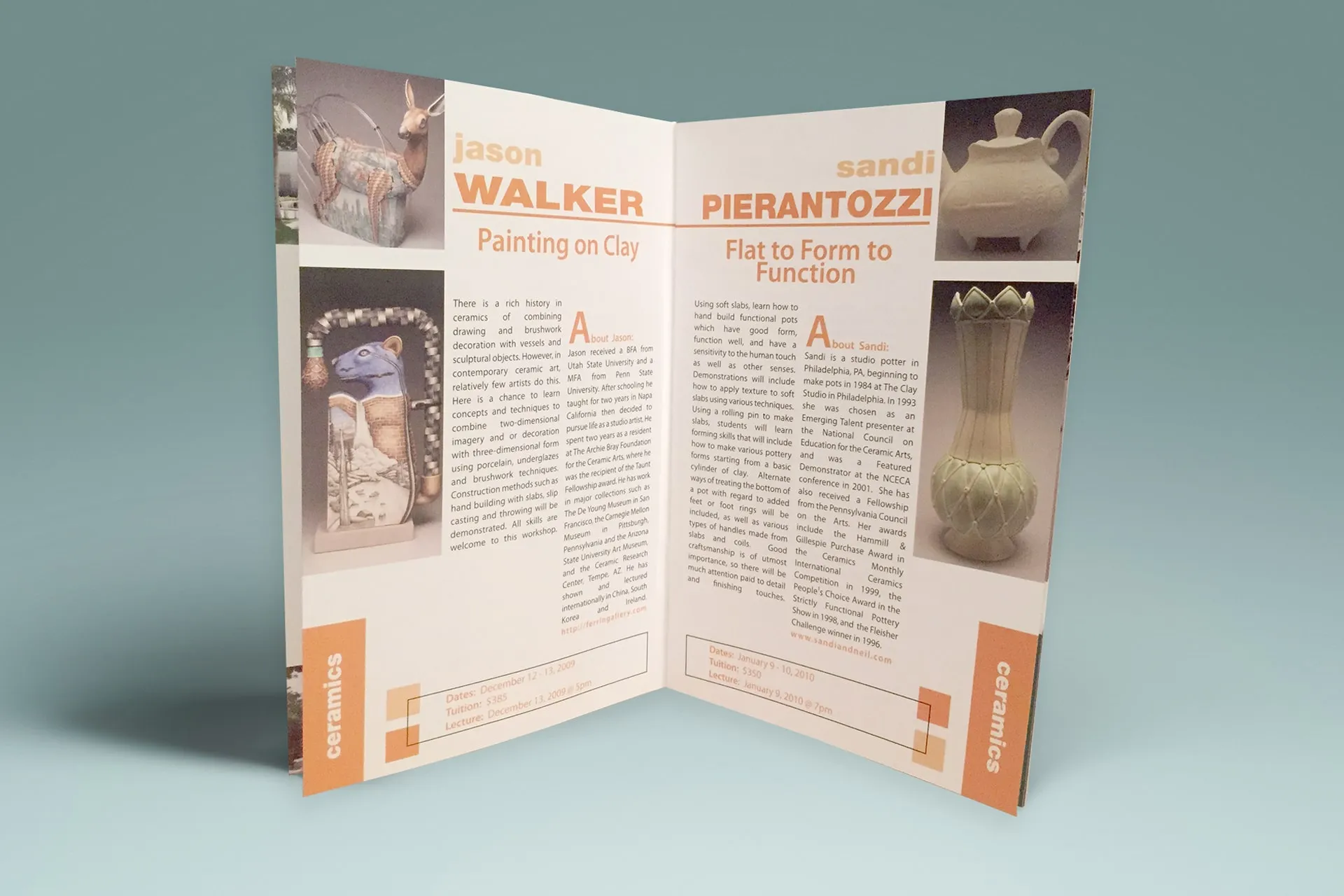 Layout design for the Armory Art Center's master artist workshop booklet.