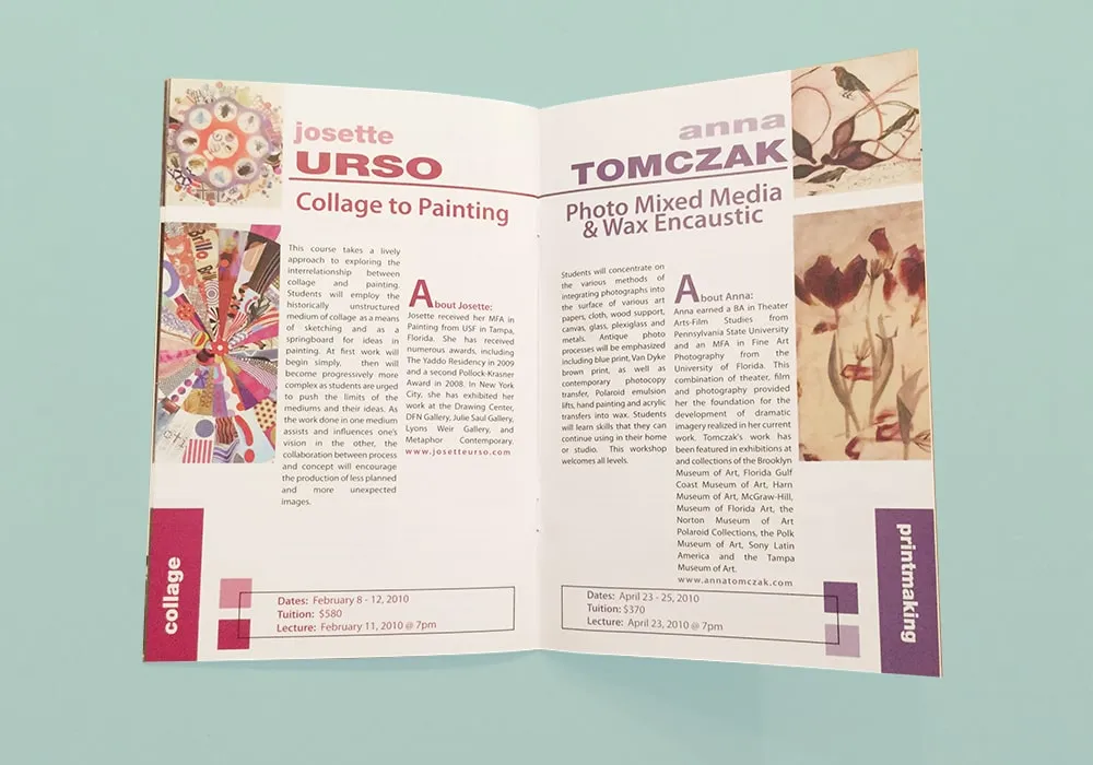 Layout design for the Armory Art Center's master artist workshop booklet.